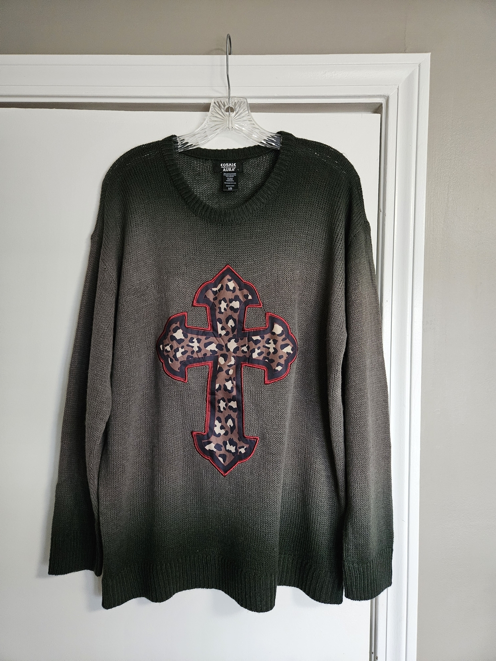 Cheetah Cross Faded Girls Sweater with Cross Applique